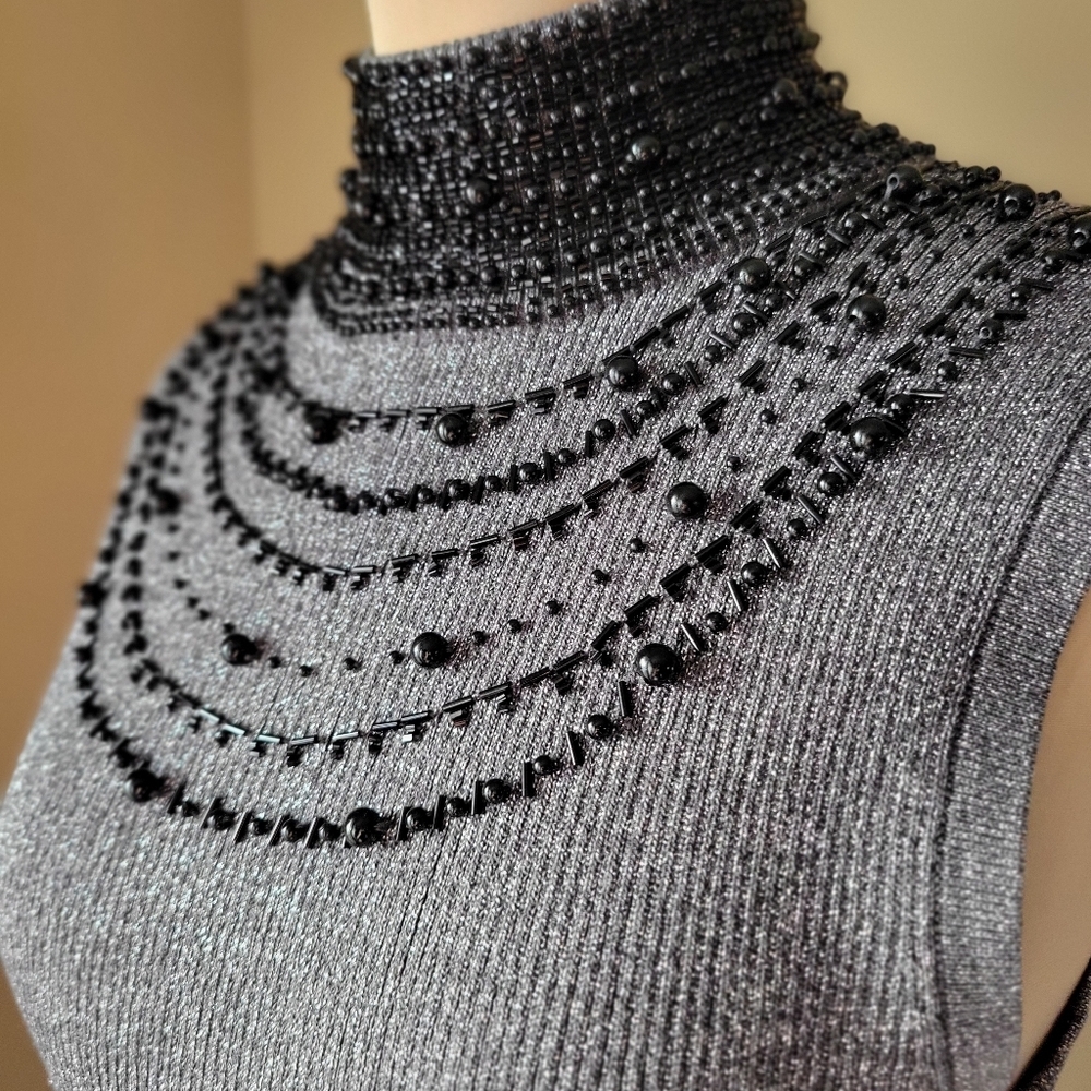 Silk Blend Metallic Beaded Mock Neck Sleeveless Sweater Top Gray Black Holiday S